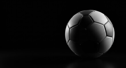 A black and white soccer ball is placed on a dark black background.