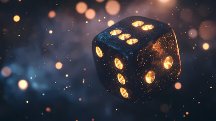 Fate's Roll: A single die, illuminated with otherworldly light, floats in a hazy atmosphere, evoking the thrill of chance and uncertainty.