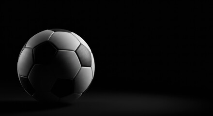A black and white soccer ball is placed on a dark black background.