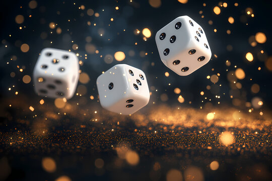 Chance in the Cosmos: Three dice tumble in a celestial dance, their faces frozen mid-roll against a backdrop of twinkling lights, embodying the thrill of chance and the unknown. - Powered by Adobe