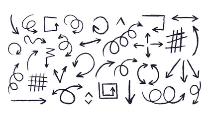 Bold chalk arrows. Doodle arrow collection, child rough pencil scribble pointers direction signs, sketchy lines and marks, simple hand drawn brush elements. Vector arrows set