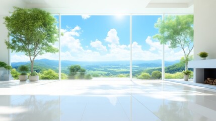 Spacious, bright room with panoramic views of a lush landscape.  Tranquil, modern, and minimalist interior design with large windows showcasing a beautiful outdoor scene