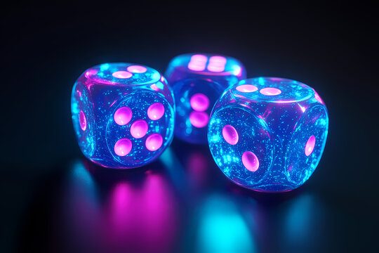 Glowing Dice: A captivating, close-up shot of three luminescent dice, illuminated with a futuristic, neon glow against a stark background.