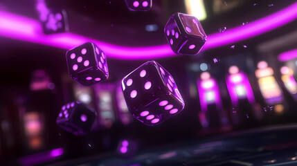 Neon Dice: Dramatic image showcases dice illuminated with neon light, set against a blurred casino background, the dice capture the essence of luck and chance.