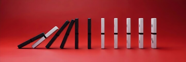 Row of black and white dominoes on red background – Suitable for cause and effect, strategic planning, or minimalism-themed content.