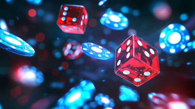 Casino Gamble: A vibrant visual of casino elements, dice and gambling chips,  immersed in a dark, atmospheric setting filled with bokeh light, highlighting the elements in vivid detail.