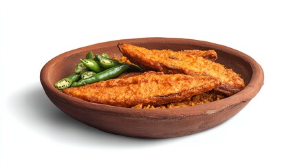 Delicious Fried Fish with Rice and Green Chili in Earthenware Bowl