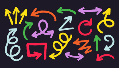 Crayon bold arrows. Doodle rough arrow collection, child colorful pencil pointers direction signs, sketchy lines and marks, simple hand drawn brush elements. Vector arrows set
