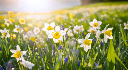 A sunny field of yellow daffodils and bluebells, shining brightly in daylight. Perfect for spring, garden, or nature themes, with a forest and sunrays backdrop.