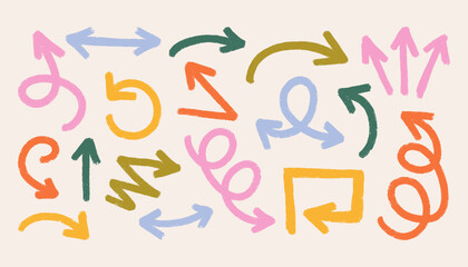 Crayon bold arrows. Doodle arrow collection, child colorful rough pencil pointers direction signs, sketchy lines and marks, simple hand drawn brush elements. Vector arrows set