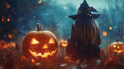 Silhouette girl witch costume Halloween scene jack-o-lanterns spooky trees bats haunted house illustration picture