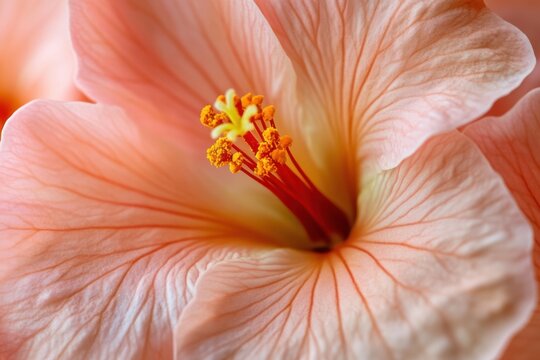 Close-up of a delicate peach hibiscus flower with intricate petal patterns