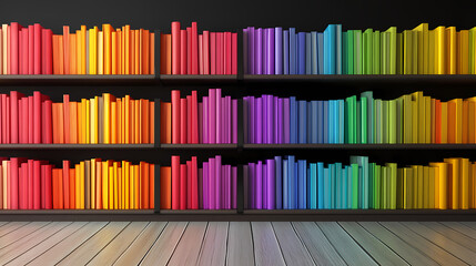 Rainbow Bookshelf Display: An eye-catching array of books arranged in a spectrum of vibrant colors, neatly placed on wooden shelves, offering a visually stimulating and artistic composition