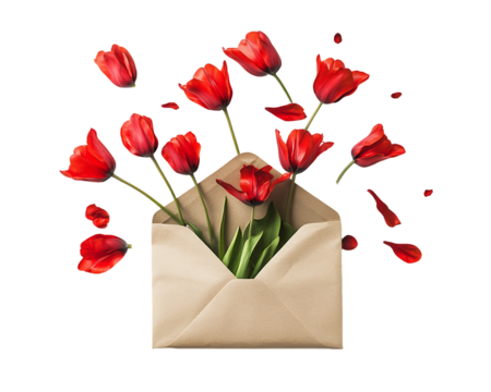 Red Tulips Emerging from Kraft Envelope on Transparent Background, PNG