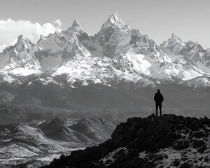 Man admires snowcapped mountains.