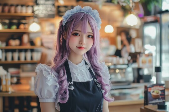 Young asian female barista in cosplay maid outfit at cozy caf&eacute;