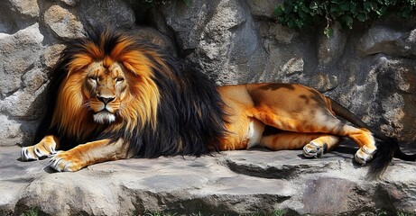 Majestic Lion Lounging on Rocks in Its Zoo Habitat