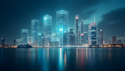 Obraz premium Net Zero Floating holograms above buildings displaying their energy efficiency and sustainability scores (3)