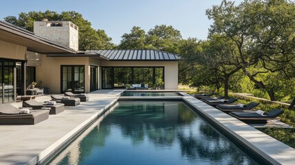 Fototapeta premium A contemporary open-air pool scene with minimal furnishings, clean-lined architecture, and a chic neutral color scheme