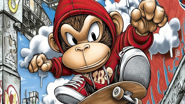 Cartoon monkey skateboarding in urban setting.