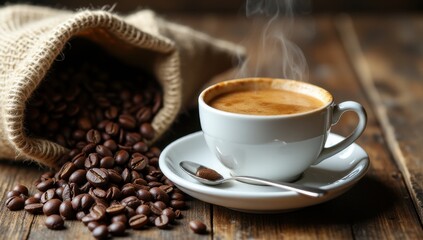 Fototapeta premium Freshly brewed coffee on rustic table