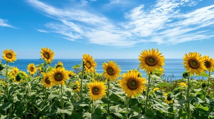 Sunny sunflower field overlooking a vast ocean under a vibrant blue sky.