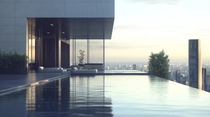 Daylight scene of a sleek apartment complex, infinity pool in foreground, large open windows and minimalist outdoor furnishings
