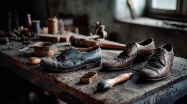 Worn leather shoes rest on a craftsman's workbench surrounded by tools, evoking artisanal skill and the passage of time.