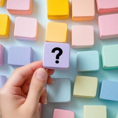 Colorful pastel blocks being held with a question mark symbol on one during a creative play session at home in the afternoon