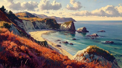 A breathtaking coastal landscape painting of a secluded beach.