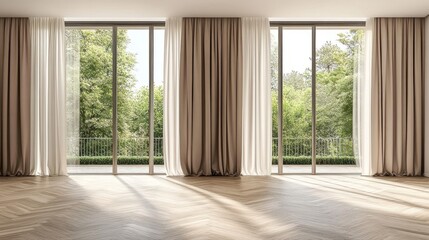Fototapeta premium Empty warm minimalist room with parquet flooring, subtle beige drapes covering the windows, and a clean open interior design