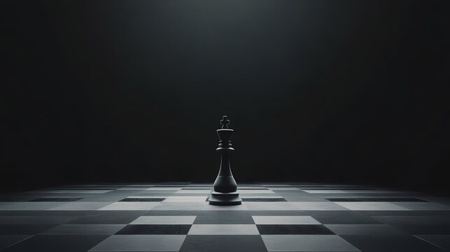 Chess King: A solitary chess king stands resolute upon a checkered board, bathed in a stark spotlight, embodying strategy, power, and quiet determination.