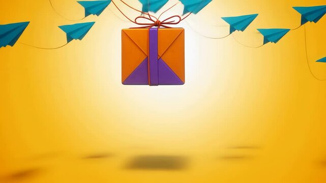 Gift Box Suspended with Paper Airplanes in Yellow Background

