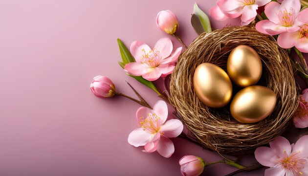 golden easter eggs in a nest with pink flowers on pink backdrop - Powered by Adobe