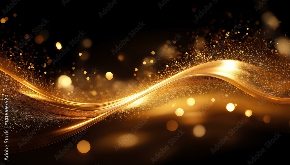 Poster shimmering golden light waves against bokeh background
