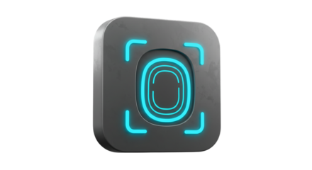 A gray square device with rounded edges displaying a glowing blue fingerprint scanner interface design