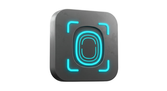 A gray square device with rounded edges displaying a glowing blue fingerprint scanner interface design