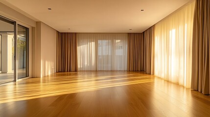 Obraz premium Spacious, empty interior with warm wooden floors and beige curtains softly lit by morning light, creating a calm clean background