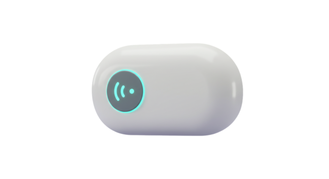 A white device with a blue circle containing a wifi symbol isolated on a black background view from front