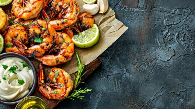 Enjoy succulent grilled shrimp paired with lime and garlic on a rustic wooden platter, perfect for a coastal meal