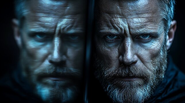 Dramatic Portrait with Mirror Reflection of a Man with Intense Expression. - Powered by Adobe