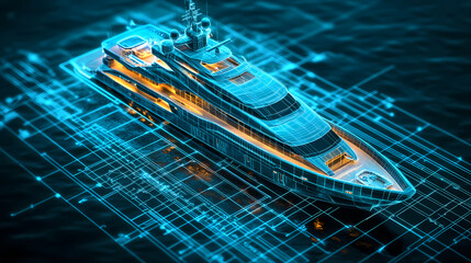 Digital Yacht Design: A stunning digital rendering unveils the intricate architecture of a luxury yacht, highlighting its sleek design and sophisticated technology.