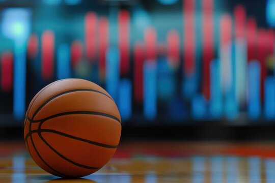 Basketball rests on the court while vibrant graphics illustrate statistics and data analysis
