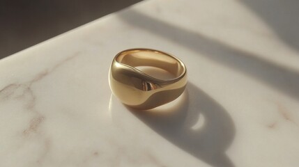A sleek gold ring with a minimalist design rests on a white marble surface, with ample copy space beside it.
