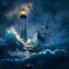 Stormy Seas, Lighthouse, Ship, Night