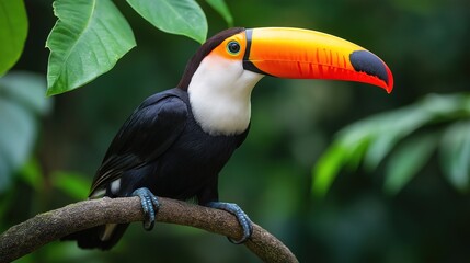 Obraz premium Colorful toucan resting on a branch, lush greenery behind, showcasing nature's vibrant beauty.