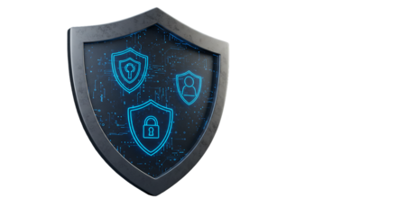 A shield with three glowing blue icons representing security and protection on a black background space