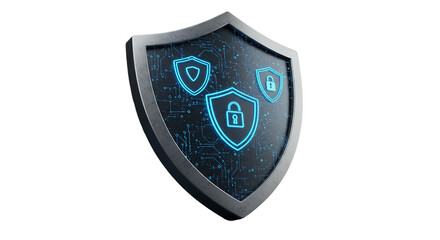 A futuristic shield with glowing blue security icons on a black background design for cybersecurity use