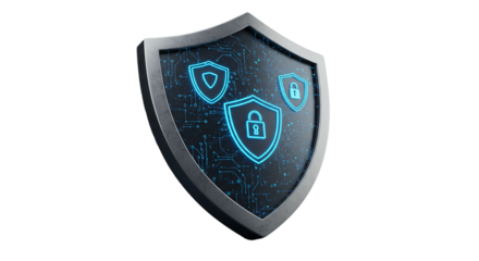 A futuristic shield with glowing blue security icons on a black background design for cybersecurity use