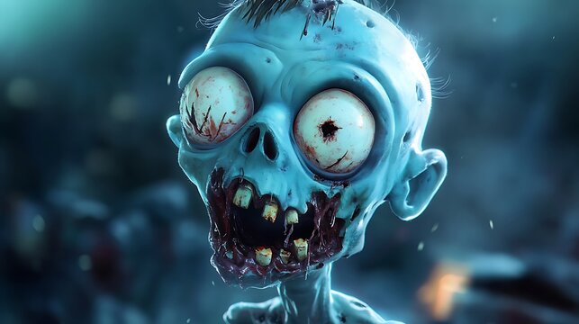 Freaky little zombie child animation wide eyes broken teeth scary mood fantasy apocalyptic creature image
